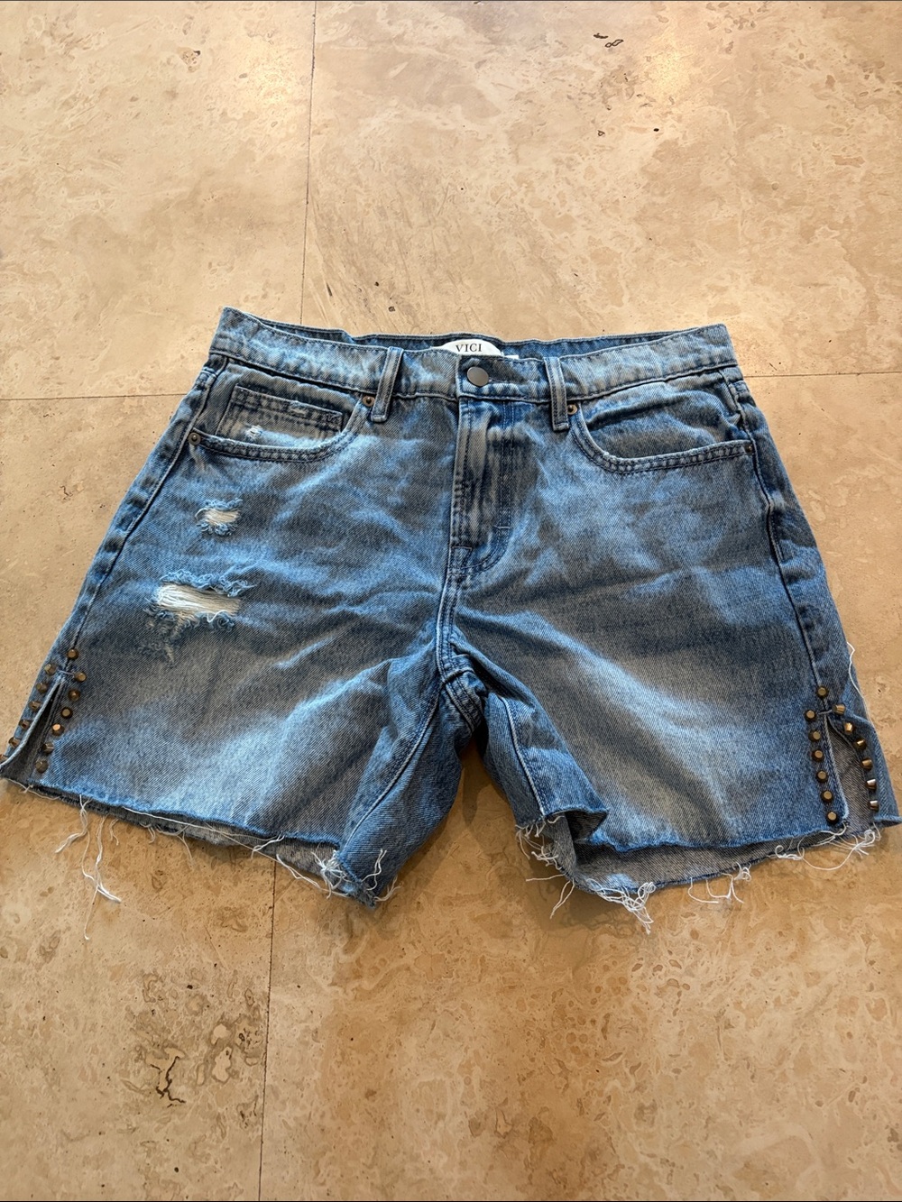 VICI Light Blue Distressed Studded Denim Shorts
